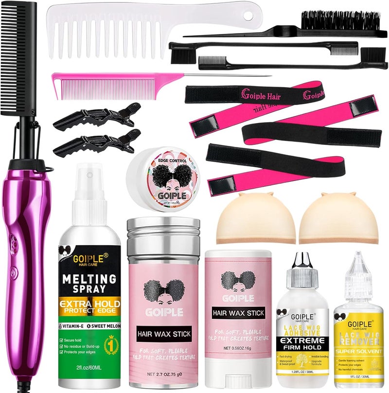 Goiple Hot Comb Hair Straightener Set for Lace Front Wigs - Heat Pressing Combs Ceramic Curling Flat Iron Electric Hot Comb for Wigs - Hair Straighteners Straightening Comb for Women Wig Installation Kit - Image 1